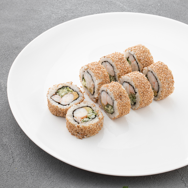 California roll with tiger shrimp in sesame